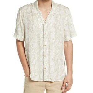 PAIGE Mens XXL Snakeskin Print Short Sleeve Rayon Button Up Camp Shirt Beige Tan